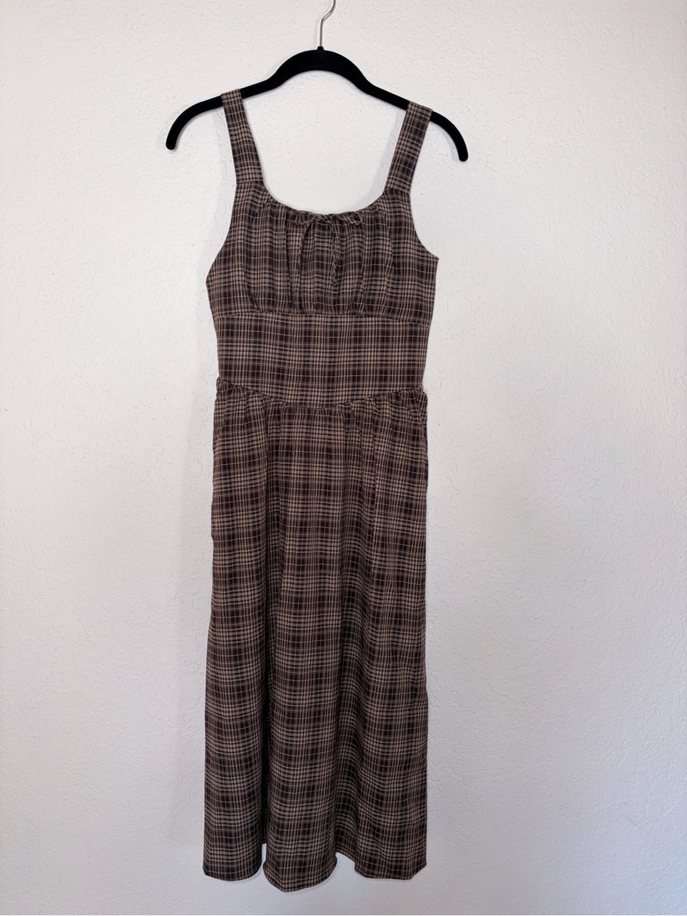 Monteau Brown Plaid Maxi Dress with Square Neck